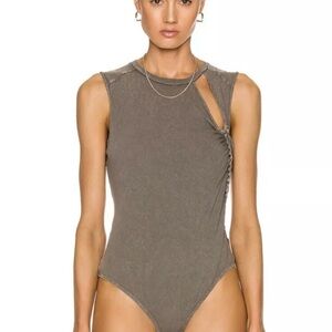 NWOT Noam Cliff Bodysuit Tabac Green Brown Cut Out Distressed XS NWT